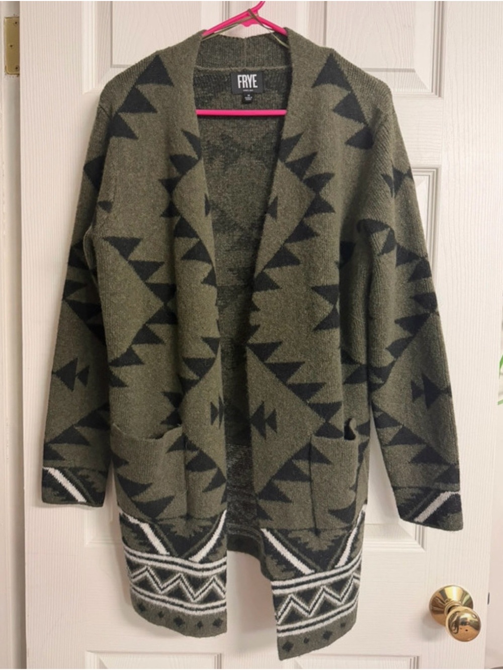 FRYE Olive and Black Geometric Open-Front Cardigan